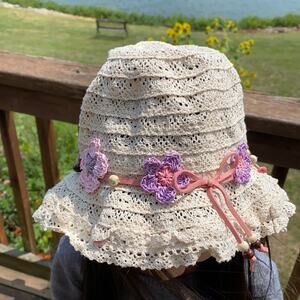 New E.mirreh Girls Tan Floral Bow Crocheted Lace Bucket Spring Summer Beach Hat